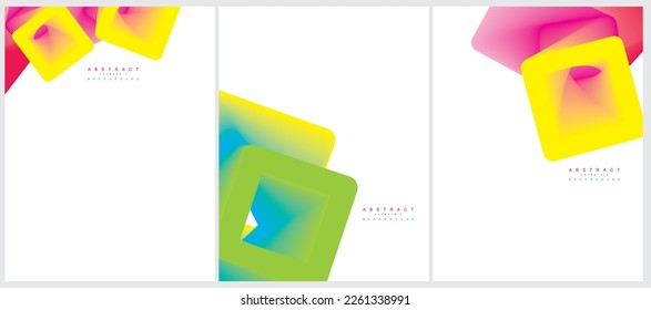 Set of 3 Vector Layouts with Blue, Green, Pink and Yellow Gradient Squeres on a White Backgound. Simple Geometric Minimalist Prints without Text ideal for Cover, Flayer, Banner, Blanks.Blurry Squares.