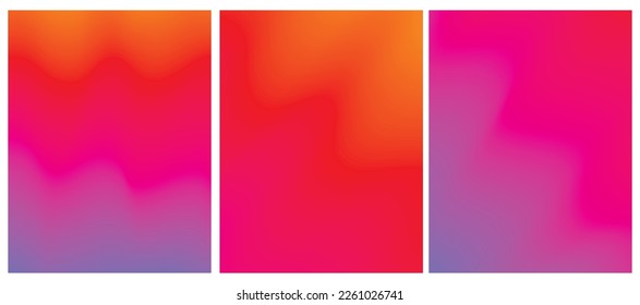 Set of 3 Vector Layouts with Gradient Colorful Wavy Lines. Orange-Red and Purle-Violet Backgound. Simple Geometric Minimalist Prints without Text ideal for Cover, Flayer, Banner, Blanks.