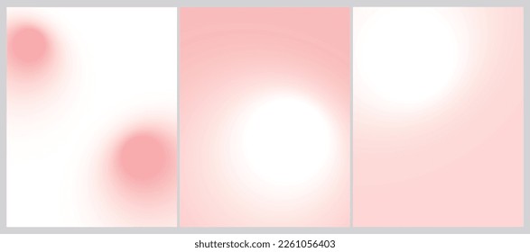 Set of 3 Vector Layouts with Gradient Circles on a White and Pastel Pink Backgound. Simple Geometric Minimalist Prints without Text ideal for Cover, Flayer, Banner, Blanks. Round Blurry Frames.