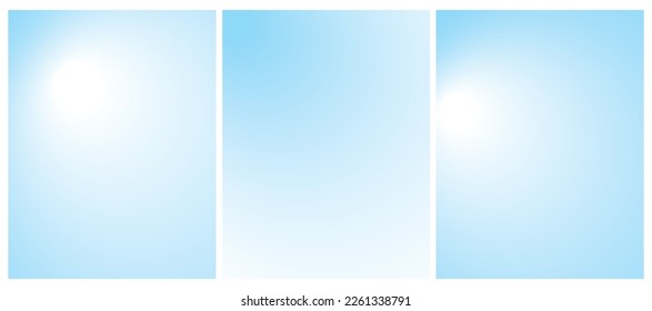 Conjunto de 3 diseños vectoriales con marco degradado de forma circular sobre un fondo azul blanco y pastoral. Impresiones geométricas simples minimalistas sin texto ideal para portada, portaobjetos, pancarta, en blanco.