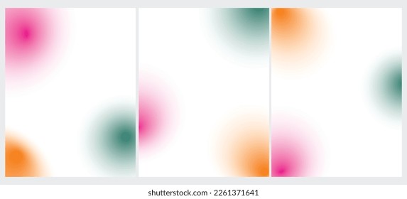 Set of 3 Vector Layouts with Pink, Green and Orange Gradient Circles on a White Backgound. Simple Geometric Minimalist Prints without Text ideal for Cover, Flayer, Banner, Blanks. Round Blurry Spots.
