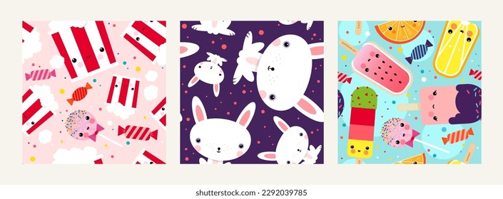 Set of 3 vector pattern designs, japanese kawaii style, colorful, food, popcorn, rabbits, popsicle, ice, fruits, sweets, for fashion projects, playful, childish, interior, nursery