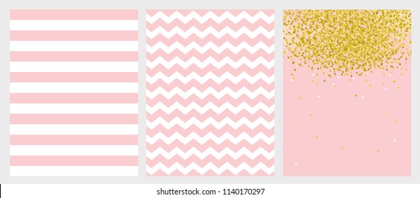 Set of 3 Vector Patterns. White Stripes and Chevron on a Pink Background. Small Golden Confetti on a Pink Background. Cute Simple Abstract Graphics. Zig zag and Vertical Lines Design.