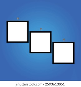 Set of 3 vector picture frames hanging on blue wall. mock up frame photo. blank frame. realistic photo card