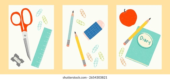 Set of 3 Vector Posters with School Supplies – Scissors, Pencils, Sharpener, Ruler, Paper Clips, Eraser, Diary, and Apple