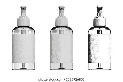 Set of 3 Vector Pump Dispenser Bottle with Label and Clip Pump – Orthographic Front View – Realistic, Illustration, and Line Art – Fully Editable and Scalable
