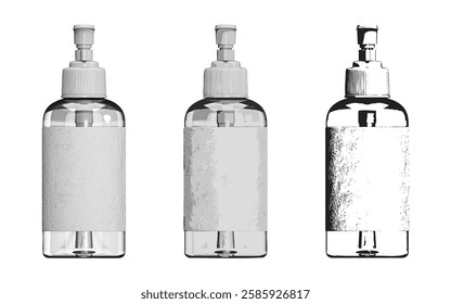 Set of 3 Vector Pump Dispenser Bottle with Label and Clip Pump – Orthographic Back View – Realistic, Illustration, and Line Art – Fully Editable and Scalable