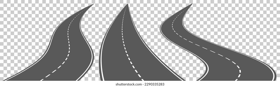 Set of 3 vector roads wit white marks isolated on transparent background. Vector EPS 10.