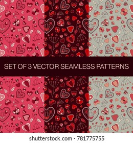 Set of 3 vector seamless heart patterns in red, pink and grey colors for cards, textile, gift wrap for Valentine's day