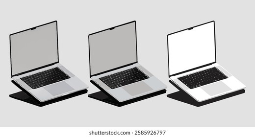 Set of 3 Vector Silver Laptop – Orthographic Side Top View – Realistic, Illustration, and Line Art – Fully Editable and Scalable