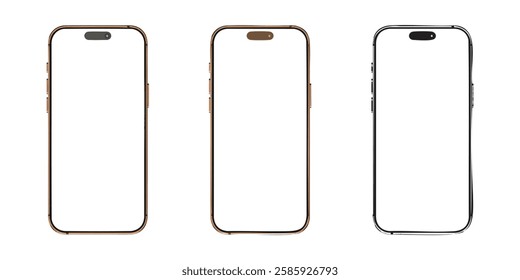 Set of 3 Vector Smartphone Titanium Desert – Orthographic Front View – Realistic, Illustration, and Line Art – Fully Editable and Scalable