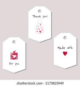 Set of 3 vector tags with hearts and words: ''Thank you'', ''For you'', ''Made with love''. Great for gifts, stickers, etc.