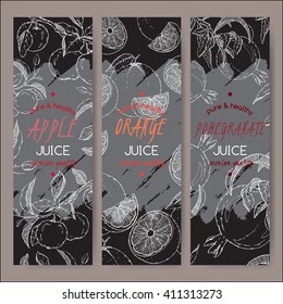 Set of 3 vector templates for apple, orange and pomegranate juice. Based on had drawn sketch. Great for packaging and advertising design.