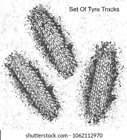 Set of 3 vector trail designs, traces of the tyre in grunge style for your design.