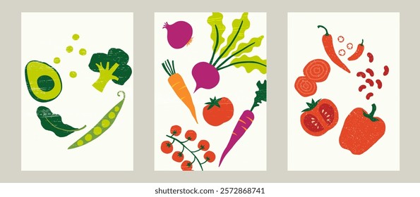 A set of 3 Vegetable posters. Beautiful, minimalistic, vibrant colors, hand-made vector illustrations.