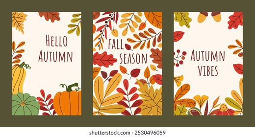 Conjunto de 3 carteles de otoño de Vertical. Hojas planas, calabazas y tipografía. Ilustración colorida de moda. Plantillas festivas para tarjeta, etiqueta, cubierta.