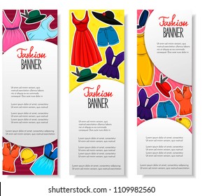 Set of 3 vertical brochure with clothing and accesories for women. Boutique, shop advertisement concept. Template for flyer, magazine, poster,cover, banner,greeting card,invitation. Vector