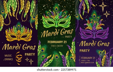 Set of 3 vertical carnaval posters with mask, feathers, ribbons, beads, golden stars, text. Social media story size. Template for Mardi Gras carnival, party in vintage style. Detailed illustration