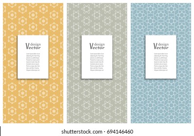 Set of 3 vertical geometric line patterns. Vector design for Card or Invitation with place for the text. Templates for packaging in trendy linear style. Graphic backgrounds collection