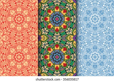 Set of 3 vertical seamless patterns with floral geometric lace repeating texture for Wedding, Bridal, Valentine's day, greeting cards or Birthday Invitations, fabric or paper print. Vector collection