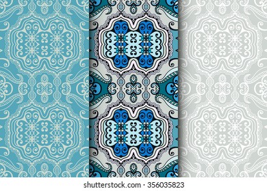 Set of 3 vertical seamless patterns with floral geometric lace repeating texture for Wedding, Bridal, Valentine's day, greeting cards or Birthday Invitations, fabric or paper print. Vector collection