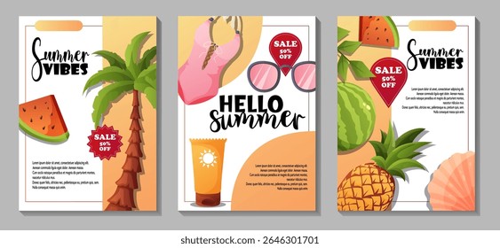 Set of 3 vertical vector banners with Summer Vibes and Hello Summer. Includes sticker-style collages with watermelon, pineapple, palm trees, sales, and beach-themed elements.
