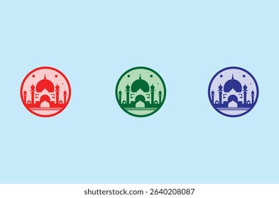 Set of 3 vibrant masjid vector designs with rich colours and elegant style. Ideal for Ramadan, Eid, Islamic posters, and educational or decorative use.