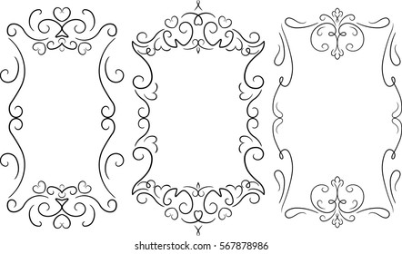 Set of 3 of vintage black frame with empty place for your text or other design and pair of bonus decorative borders, vector illustration greeting card.