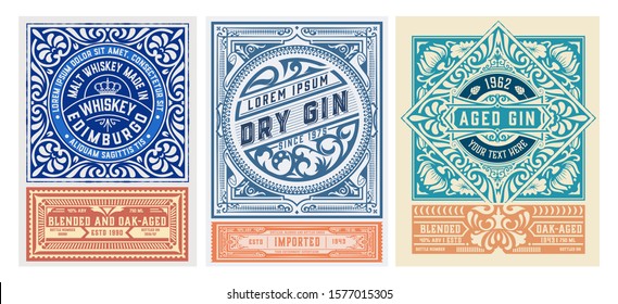 Set of 3 Vintage Gin labels. Vector layered