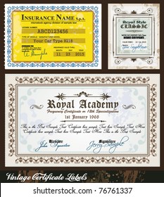 Set of 3 Vintage Label with Insurance and Certificate Degree themes