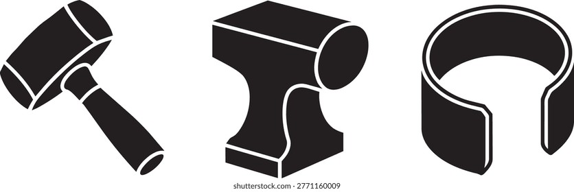 A set of 3 vintage tools including a hammer, anvil, and clamp depicted in a simple black and white isometric vector illustration with clear outlines.