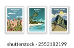A set of 3 vintage travel vector posters, Machu Picchu, Peru,Maldives, Marrakech, Morocco, High-quality prints, vector illustration