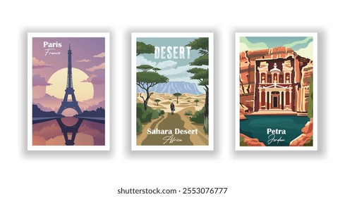 Um conjunto de 3 posters vetor de viagem vintage. Paris, França (Torre Eiffel); Petra, Jordânia; Deserto do Saara, África. Impressões de alta qualidade, ilustração vetorial.