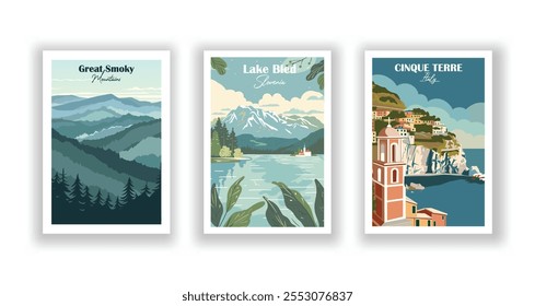 A set of 3 vintage travel vector posters. Lake Bled, Slovenia; Great Smoky Mountains, USA; Cinque Terre, Italy. High-quality prints, vector illustration