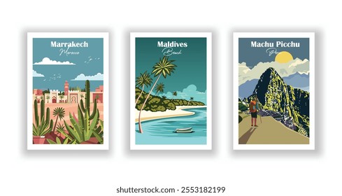 A set of 3 vintage travel vector posters, Machu Picchu, Peru,Maldives, Marrakech, Morocco, High-quality prints, vector illustration