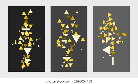 set of 3 wall displays or digital paintings on the theme of abstract geometric triangles and other shapes on a golden yellow color and black background