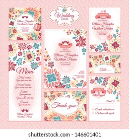 Set 3 of wedding cards. Wedding invitations, Thank you card, Save the date card, Table card, RSVP card and Menu. 