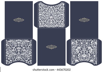 Set of 3 Wedding Invitation Baroque. Template for laser cutting. Open card. It can be used as an envelope.