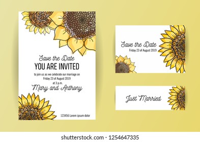 Set of 3 wedding invitation card with big yellow flowers Sunflower and lettring. A5 wedding invitation design template on white background with sketch illustation