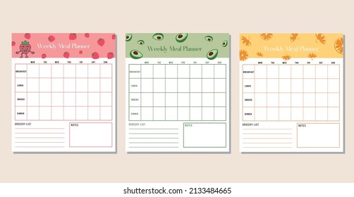 Set of 3 weekly meal planners and shopping grocery list, breakfast, lunch, dinner. Weekly template menu. Printable and digital planner