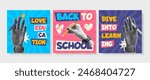 Set of 3 welcome back school posts for social media with collage halftone gesture hands. School stationery elements and supplies. Colorful trendy templates for advertising. 