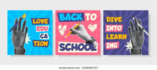 Set de 3 publicaciones de bienvenida de vuelta a la escuela para las redes sociales con manos de gestos de semitono de collage. Papelería escolar, Elementos y suministros. Plantillas de moda coloridas para la publicidad. 