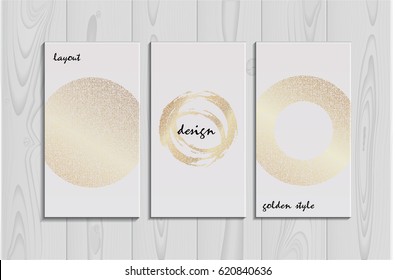 Set of 3 white business card template or gift cards. Texture of gold foil. Luxury vector illustration.  wood texture background