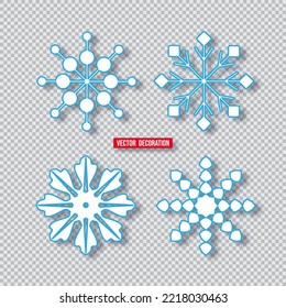 Set of 3 white Christmas paper cut 3d snowflakes with shadow. New year design elements. Vector illustration.