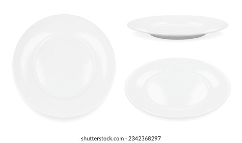 Set of 3 white round empty plates, side view iand top view