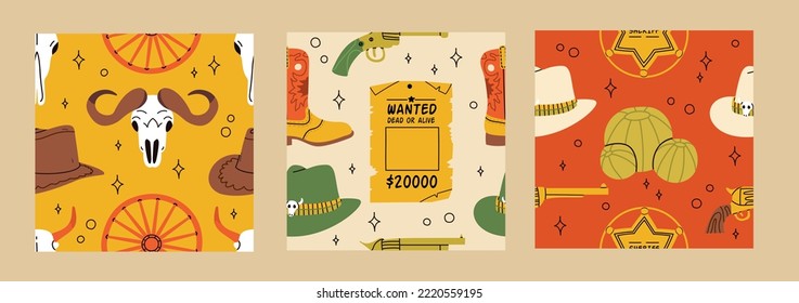 Conjunto de 3 patrones de acero inoxidable. Patrones occidentales de las vacas con varios objetos de dibujos animados en colores vivos. Cactus, pistolas, sombreros, placa del sheriff. Cowboy concepto occidental, silvestre occidental. Diferentes adornos.