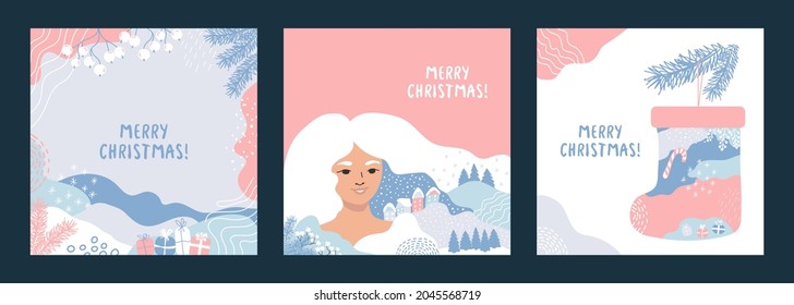 Set of 3 winter cards. Merry Christmas! Vector border, frame. Spruce branches, snow, berries, lines, curves and spots, dots, snowflakes, drifts, cozy winter houses.  Perfect for a postcard or poster