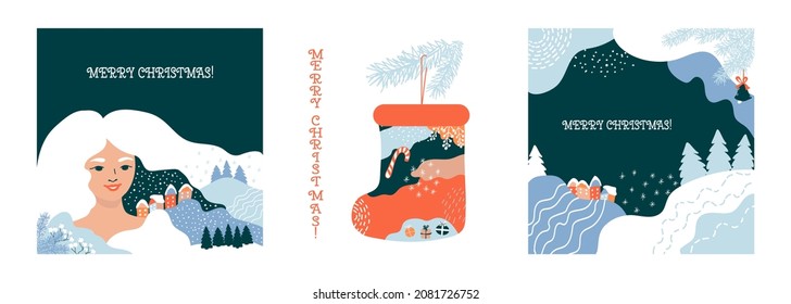 Set of 3 winter cards. Merry Christmas! Vector border, frame. Spruce branches, snow, berries, lines, curves and spots, dots, snowflakes, cozy winter houses.  Perfect for a postcard or poster