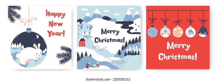 Set of 3 winter cards. Merry Christmas! Vector border, frame. Spruce branches, snow, lines, snowdrifts, Christmas balls, winter landscape. Perfect for a postcard or poster