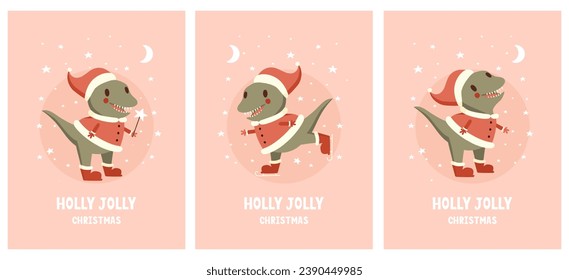 Set of 3 Winter Holidays Vector Cards with Cute Happy Dinosaur as a Santa Claus in a Round Shape Frame isolated on a Light Pink Background. Funny Christmas Print ideal for Card, Wishes. Rgb Colors.